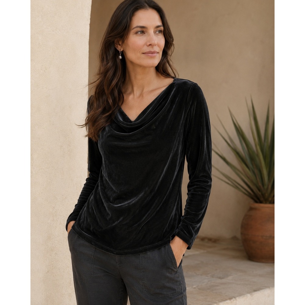 Peruvian Connection Black Velvet Cowl Neck Long Sleeve Top Cotton Modal Blend- S